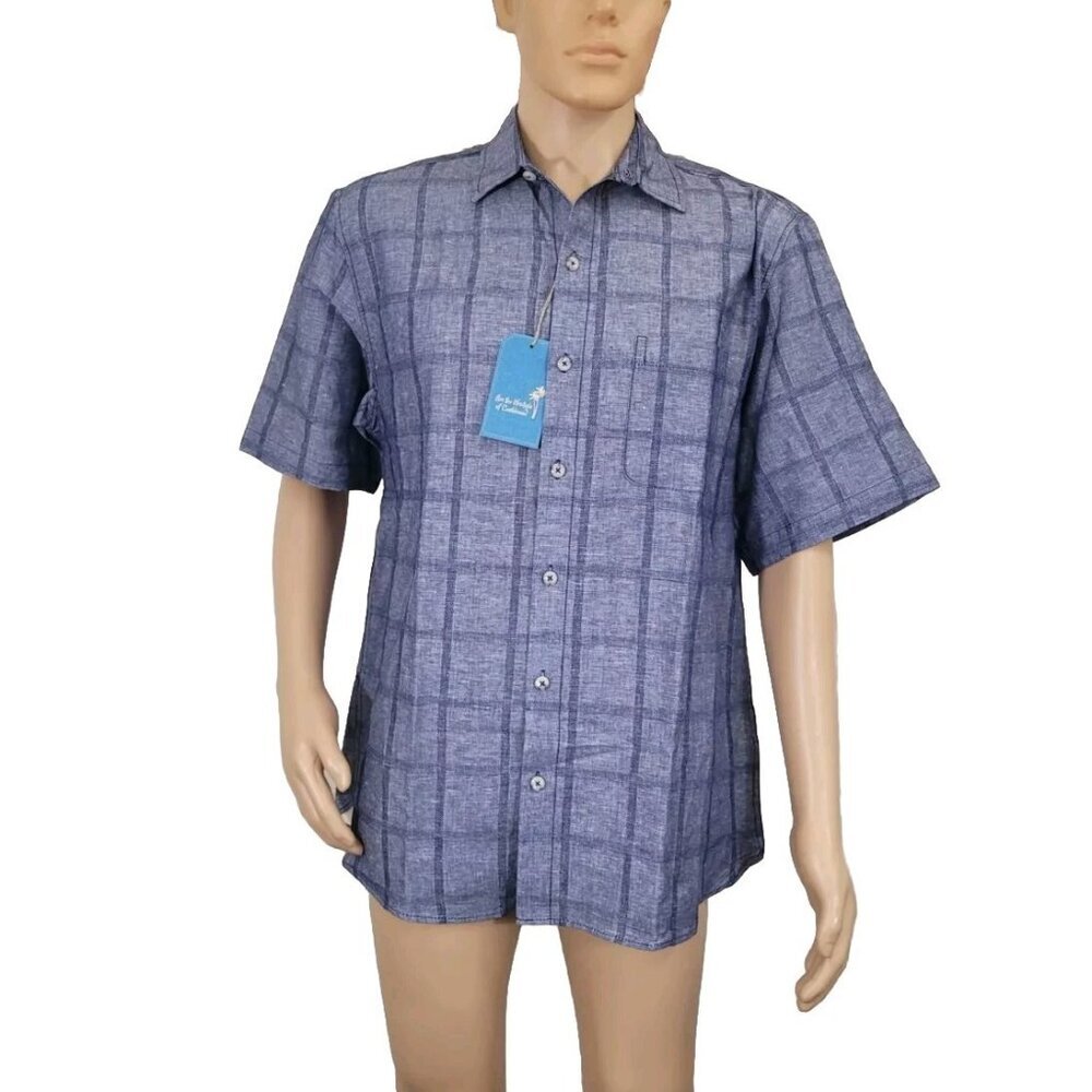 Caribbean Mens Shirt Size L Linen Blend Short Sleeve button Up blue gray (35)